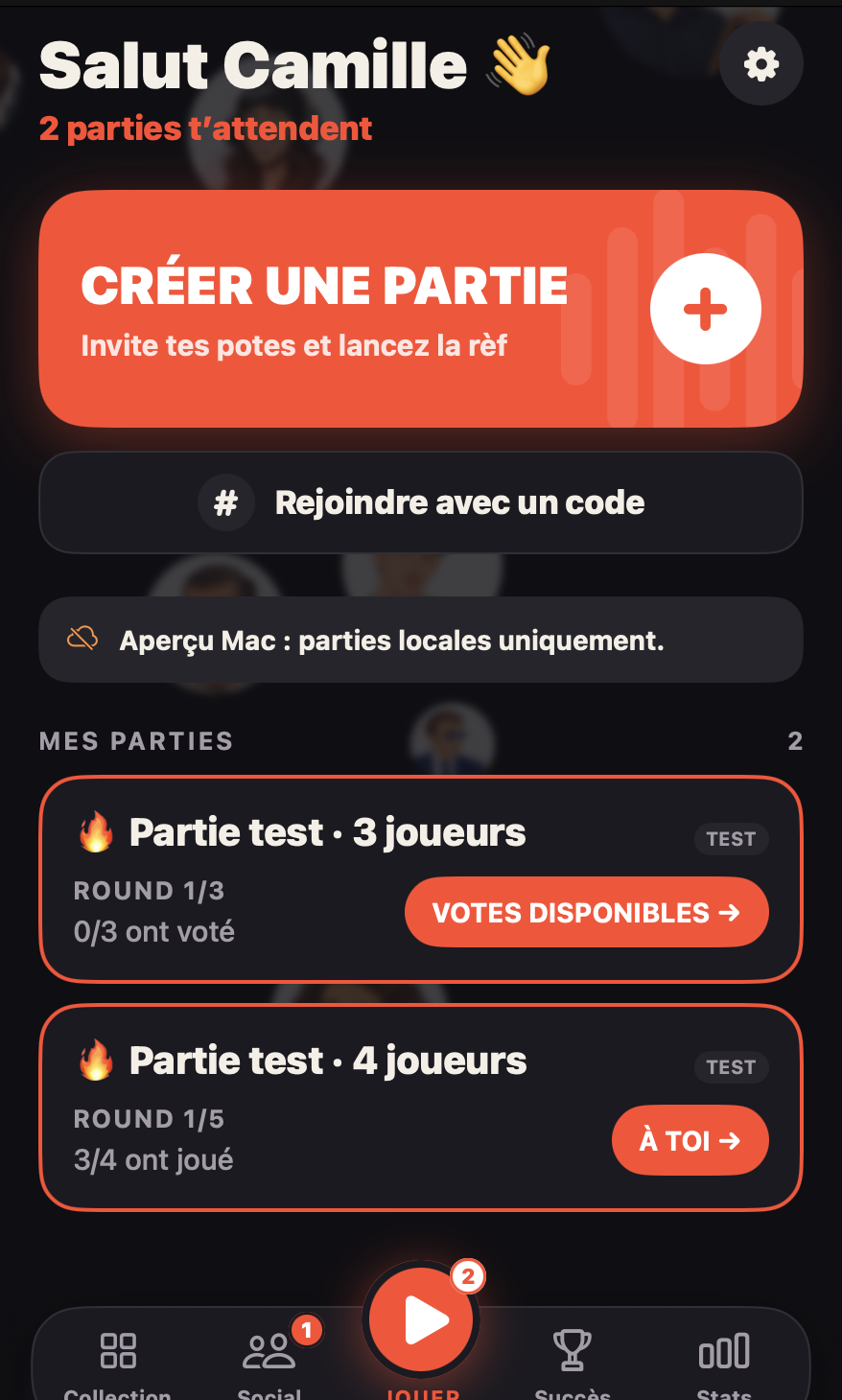 Imites la rèf, Your games: Create a game, join with a code, and see whose turn is next.