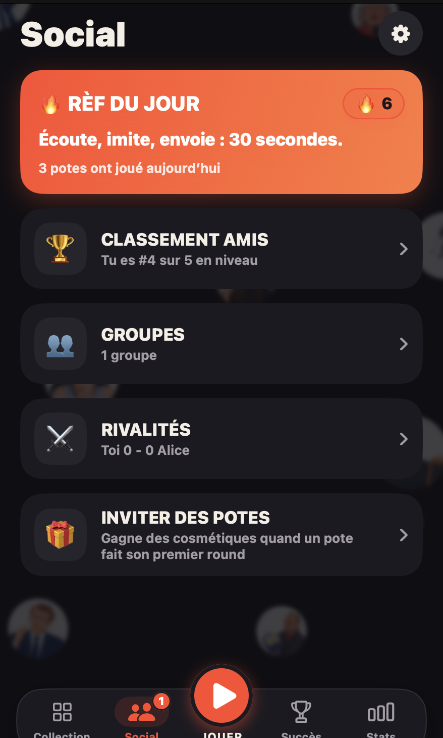Imites la rèf, With friends: Daily refs, friend rankings, groups, and rivalries live together.