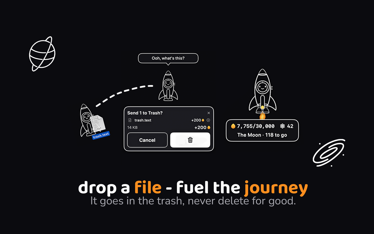 Rocket Bin: dropping a file onto the rocket sends it to the Trash and turns it into fuel.