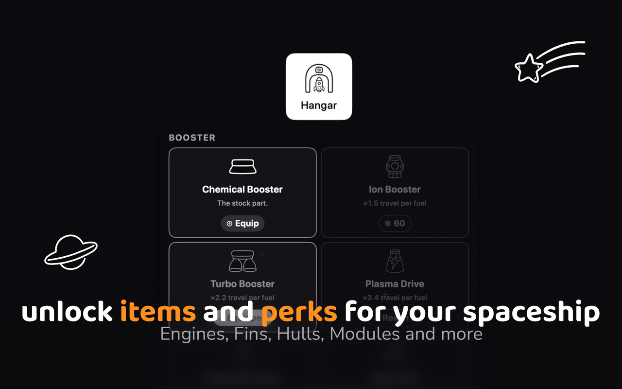 The Rocket Bin hangar: upgrade the ship with engines, fins, hulls, and modules.