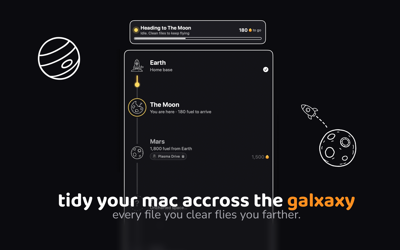 Rocket Bin's map: cleaning your Mac flies the rocket from Earth to the Moon, Mars, and beyond.