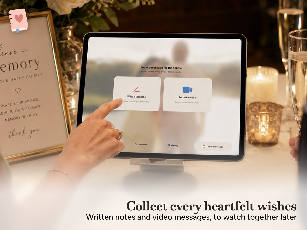 The Wed Story guestbook: a guest leaving a written note or video message for the couple.