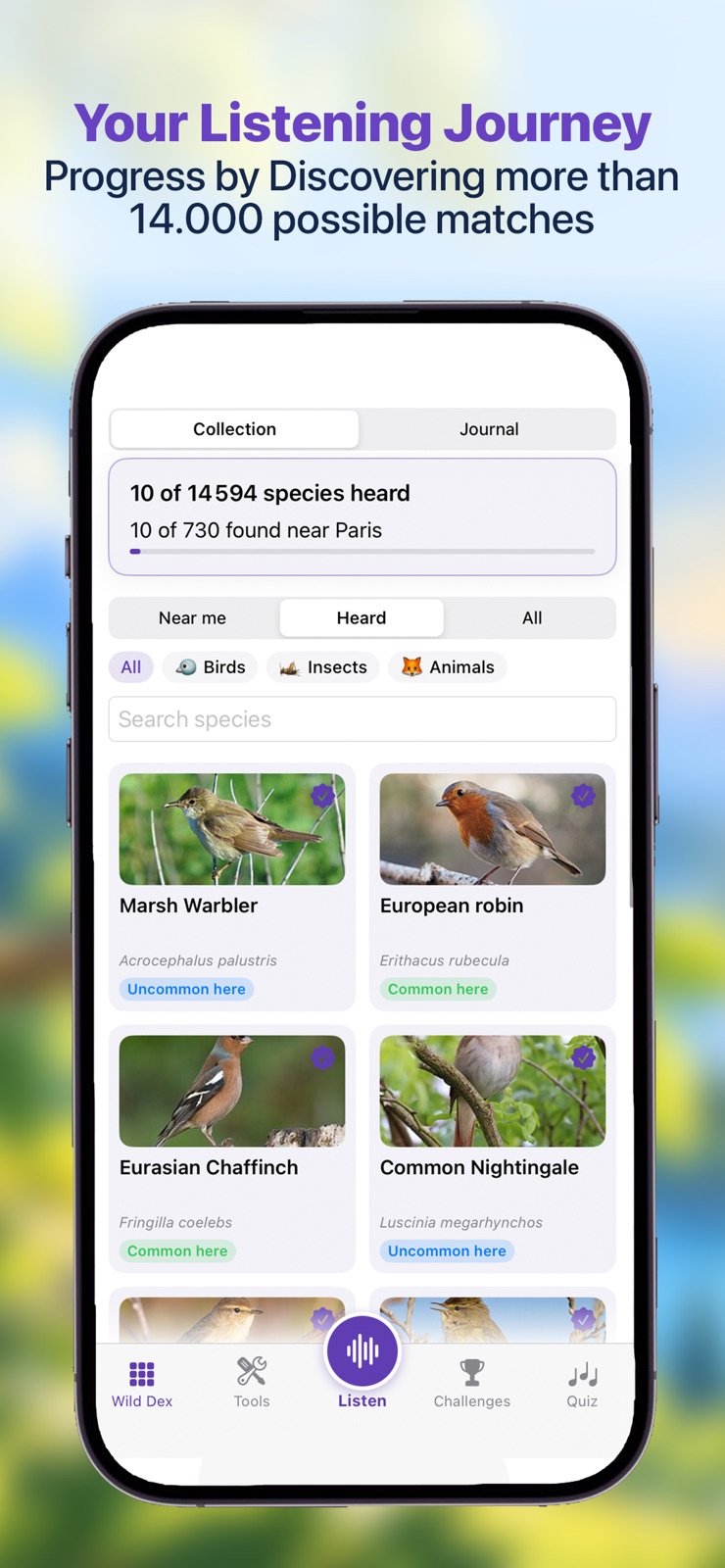 The Wild Dex, with a searchable collection and the local status of discovered species.
