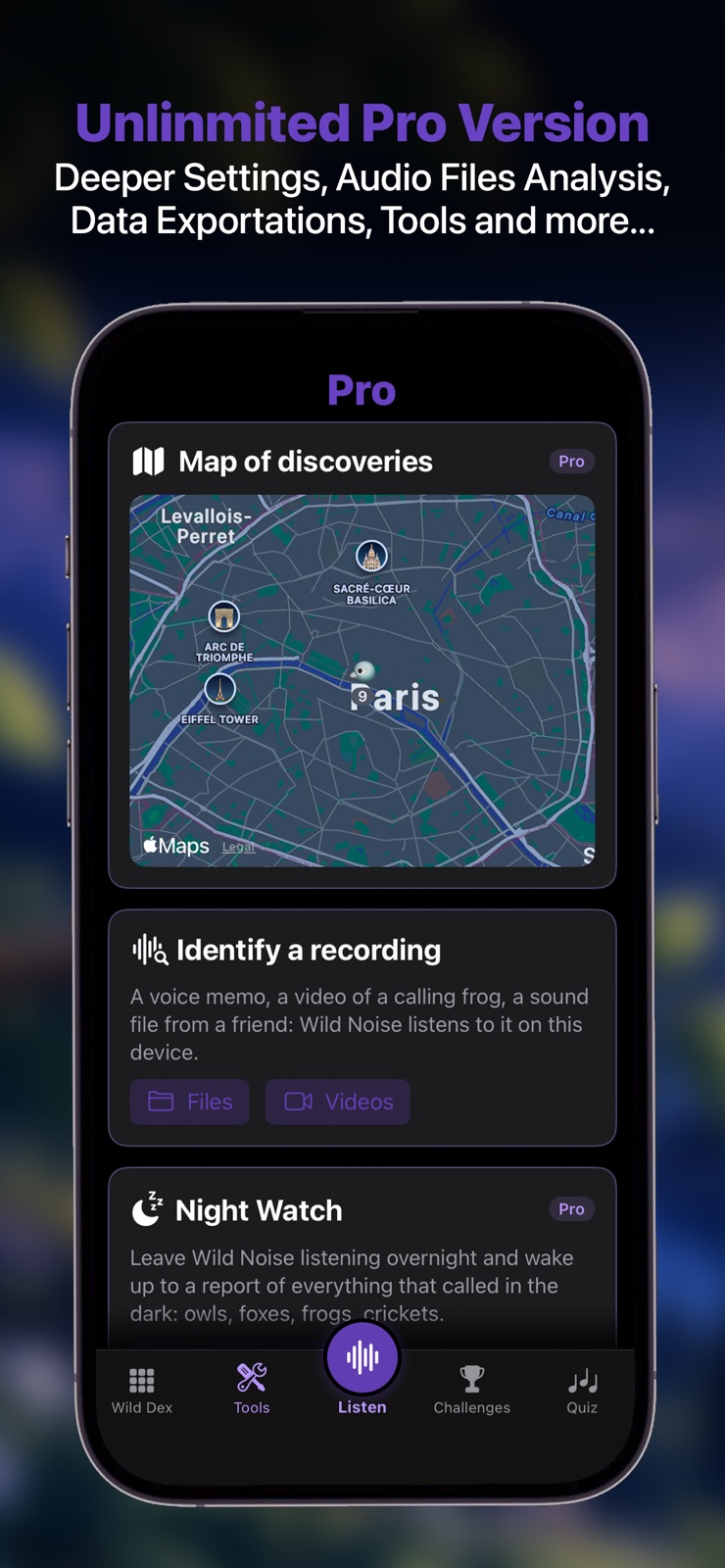 Wild Noise Pro tools: the discovery map, imported recording identification, and Night Watch.