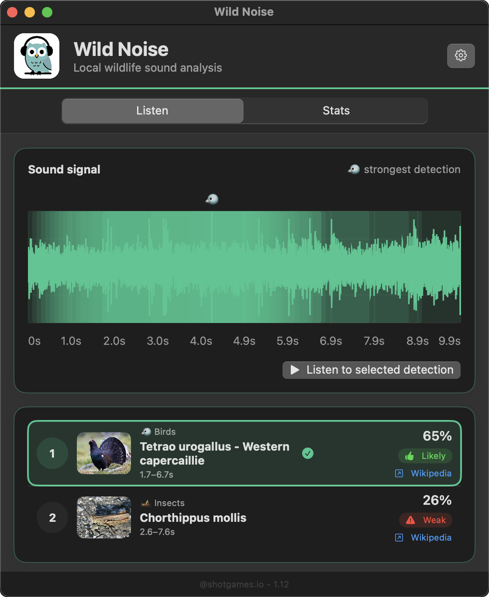 Wild Noise, Matches: Each result carries a score, a plain Likely or Weak label, the seconds it was heard in, and a link to Wikipedia.