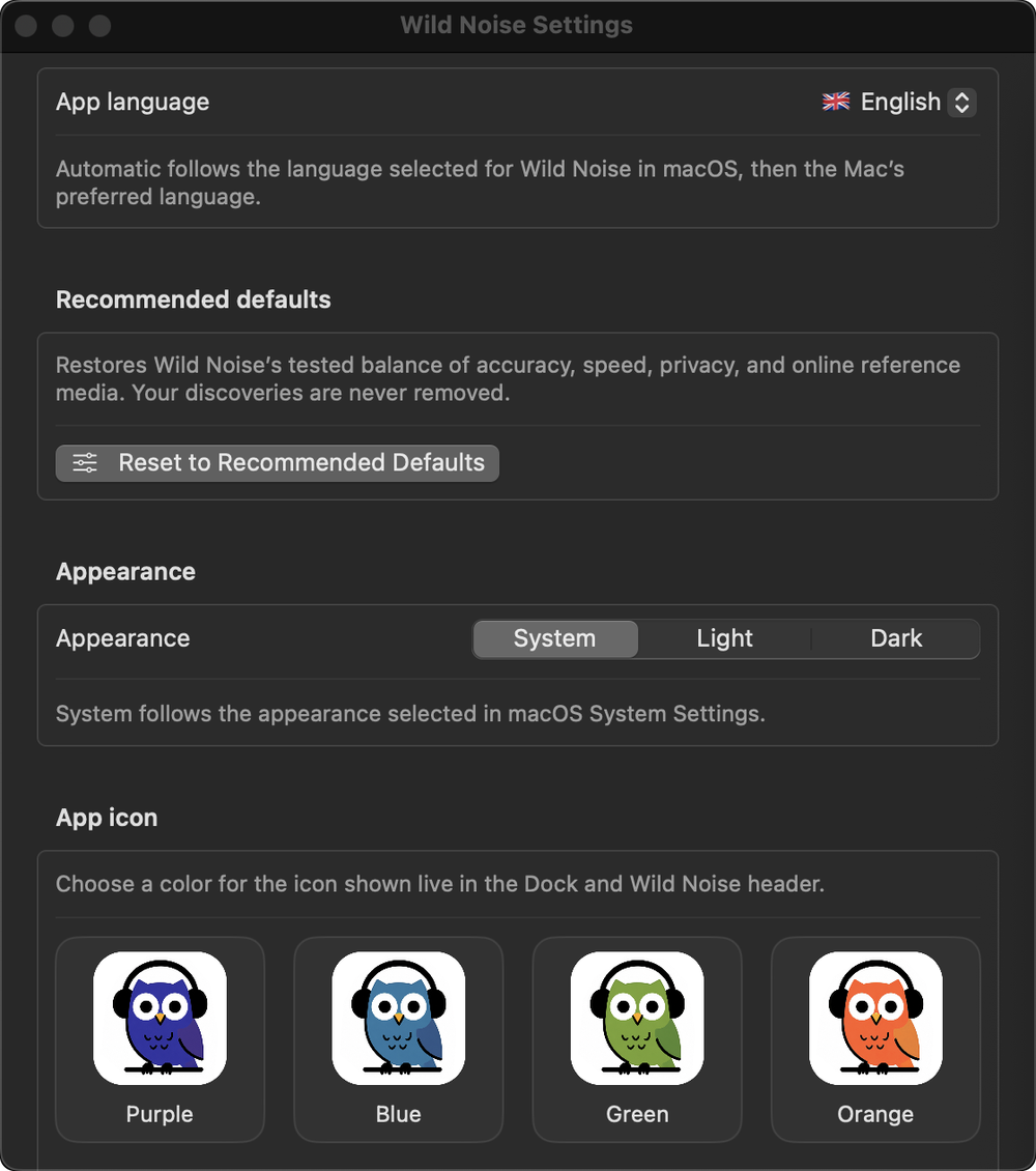 Wild Noise, Settings: Ten languages, light or dark to match macOS, and eight owls to pick from.