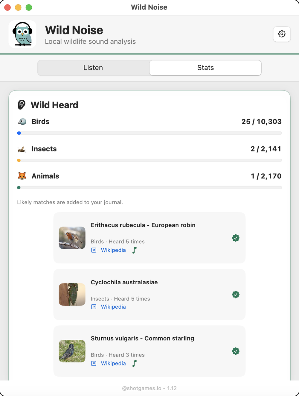 Wild Noise, Wild Heard: How much of the catalogue you have found so far, counted separately for birds, insects, and animals.