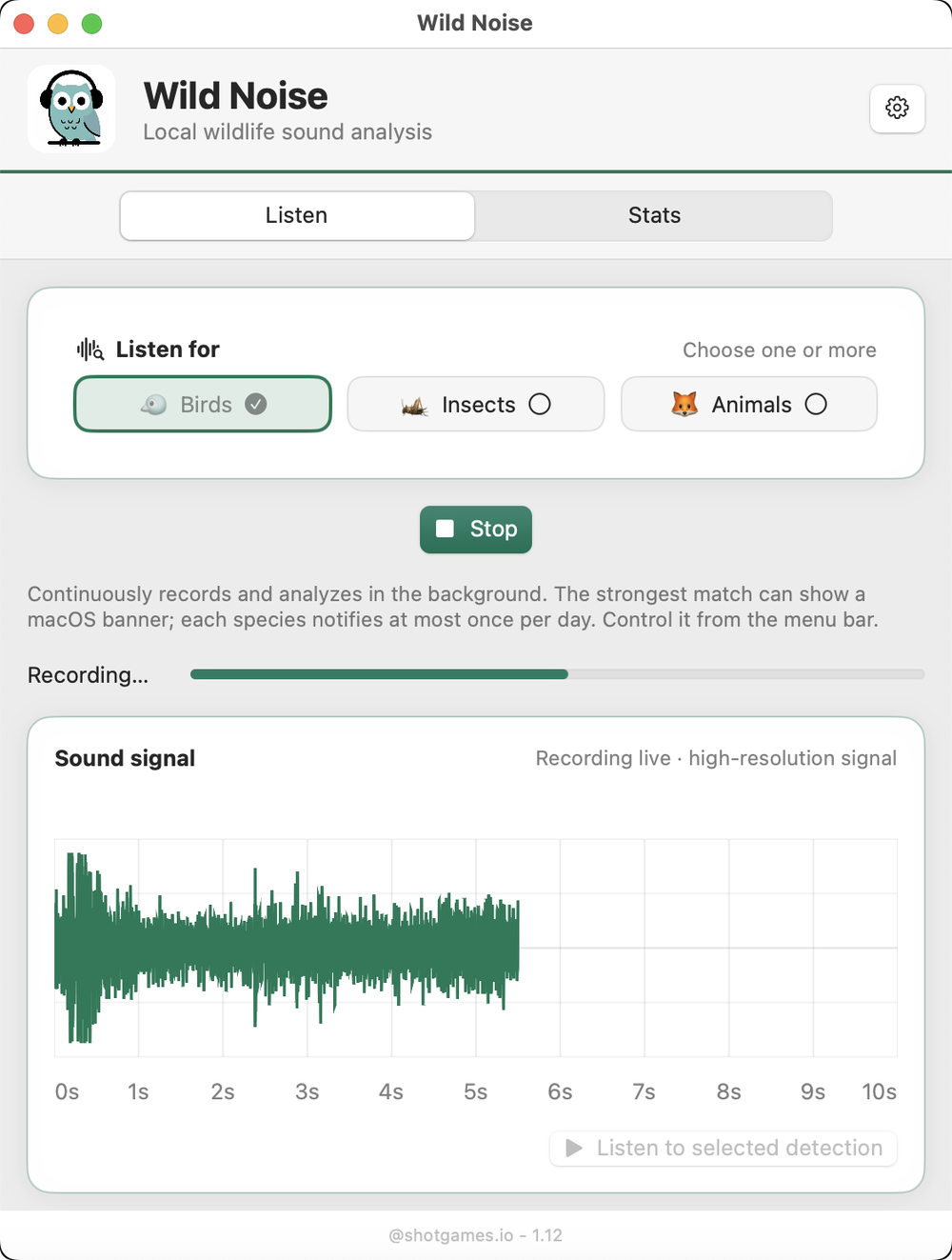Wild Noise, Recording: The waveform draws live while the microphone is open, at full resolution.